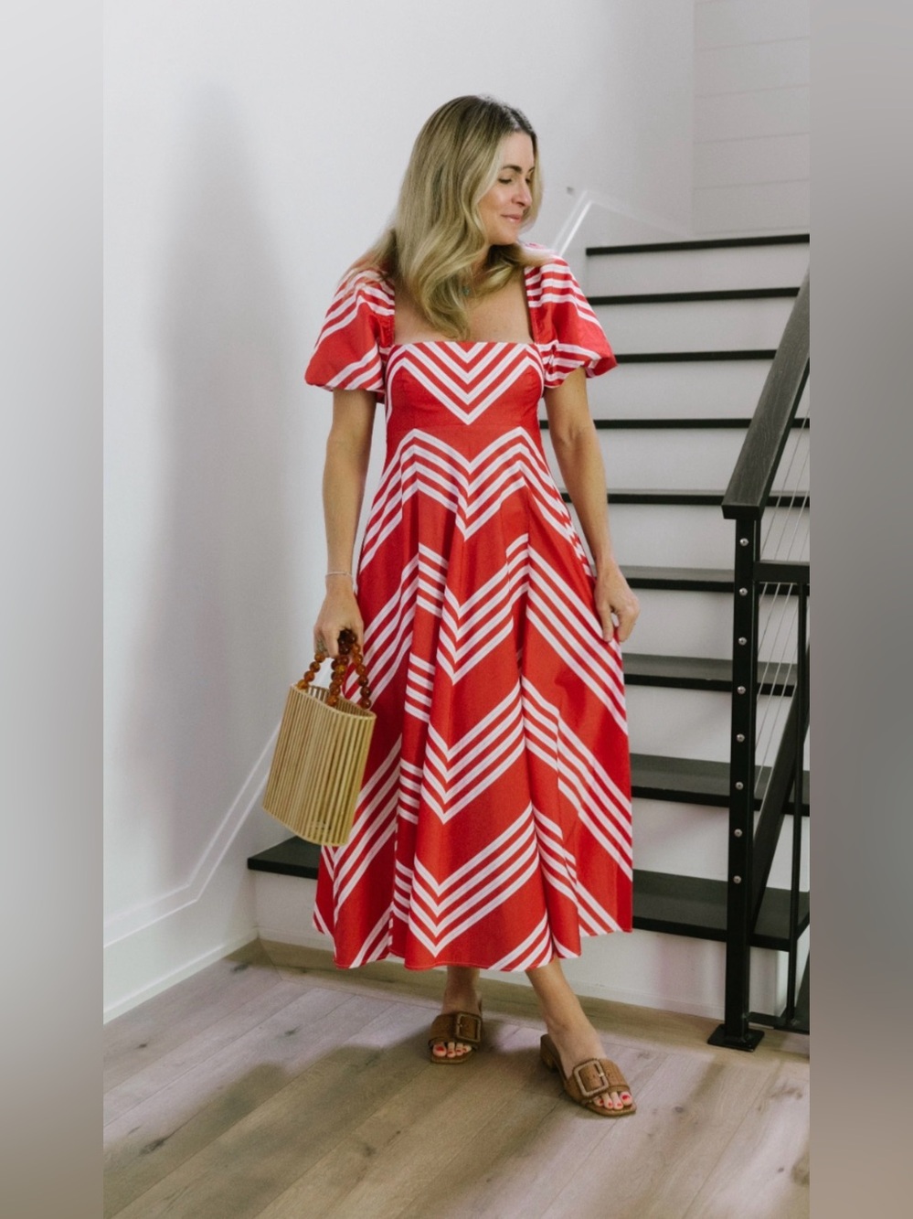 Hill house Red and White Chevron Print Midi Dress